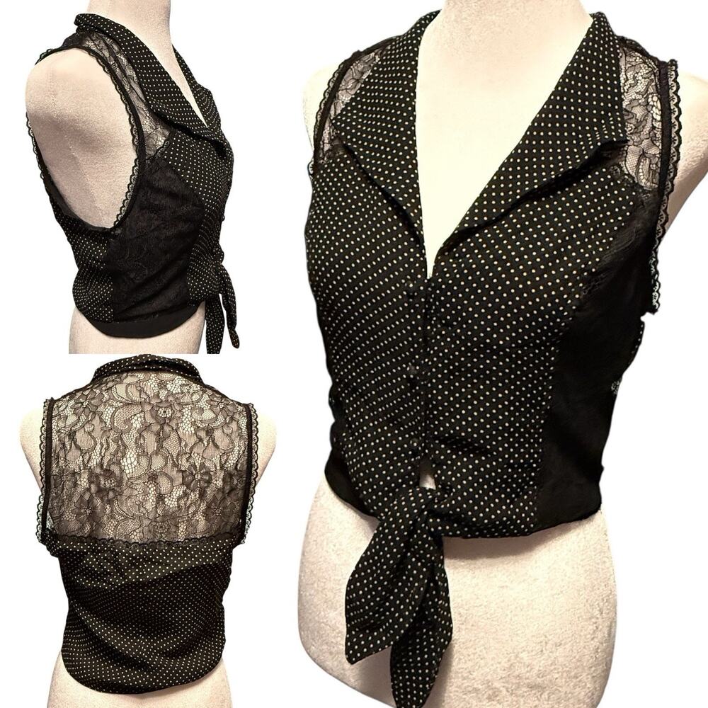 VTG Bebe Y2K Black 100% SILK Sheer Polka Dot Women Top SIZE SMALL Lacie Whimsy